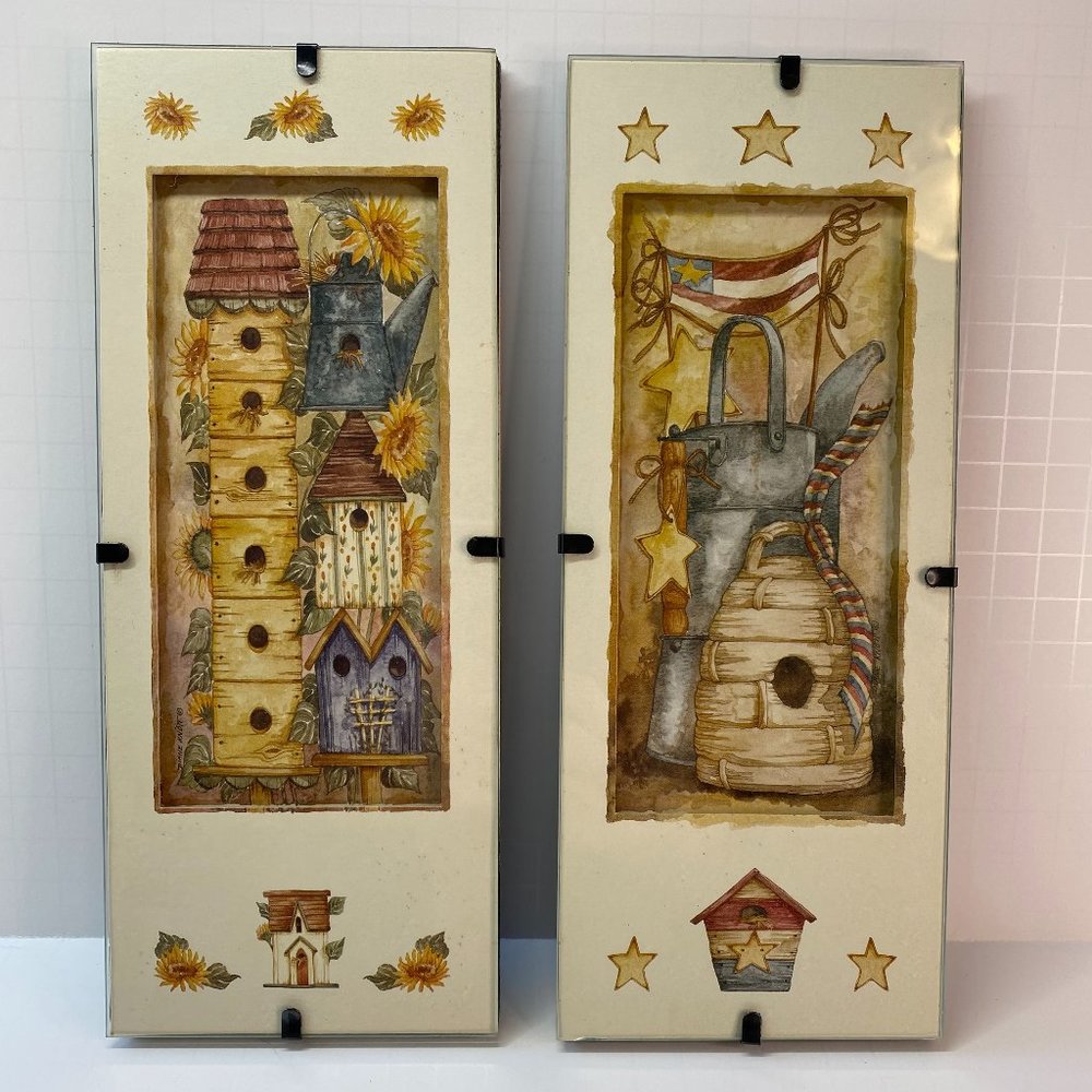 Vintage BIRDHOUSE THEME Picture Print Free Standing 4×10 Set of 2